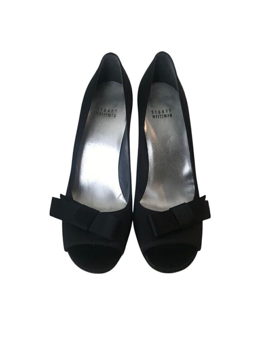 Stuart Weitzman Black Open Toe With Black Bows Silk Like Shoe Size 9.5